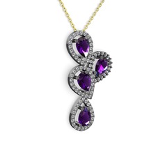 Soltar Damla Kolye - Ametist ve swarovski 925 ayar siyah rodyum kaplama gümüş kolye (40 cm altın rolo zincir) #c6iycg