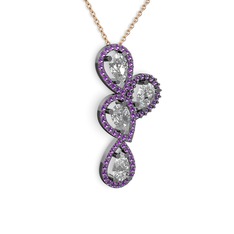 Soltar Damla Kolye - Swarovski ve ametist 925 ayar siyah rodyum kaplama gümüş kolye (40 cm gümüş rolo zincir) #d08q31