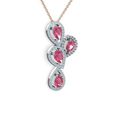 Soltar Damla Kolye - Pembe kuvars ve akuamarin 18 ayar beyaz altın kolye (40 cm rose altın rolo zincir) #d87d3f