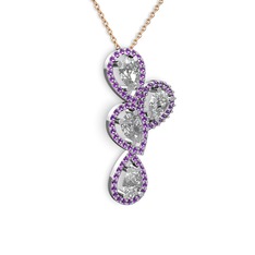 Soltar Damla Kolye - Swarovski ve ametist 18 ayar beyaz altın kolye (40 cm rose altın rolo zincir) #if3blm