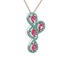Soltar Damla Kolye - Pembe kuvars ve yeşil kuvars 8 ayar beyaz altın kolye (40 cm rose altın rolo zincir) #lat2hf