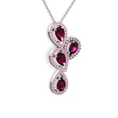 Rodolit garnet ve pembe kuvars 18 ayar beyaz altın kolye (40 cm beyaz altın rolo zincir)