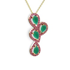 Soltar Damla Kolye - Kök zümrüt ve rodolit garnet 8 ayar rose altın kolye (40 cm altın rolo zincir) #m68ljj