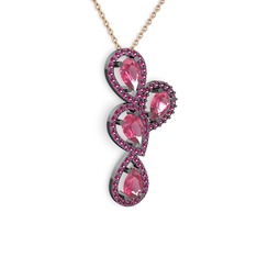 Soltar Damla Kolye - Pembe kuvars ve rodolit garnet 925 ayar siyah rodyum kaplama gümüş kolye (40 cm rose altın rolo zincir) #mcwxlm