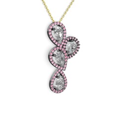 Swarovski ve pembe kuvars 925 ayar siyah rodyum kaplama gümüş kolye (40 cm altın rolo zincir)