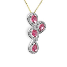 Pembe kuvars ve swarovski 8 ayar beyaz altın kolye (40 cm altın rolo zincir)