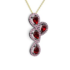 Garnet ve pembe kuvars 925 ayar siyah rodyum kaplama gümüş kolye (40 cm altın rolo zincir)