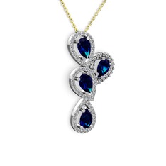 Lab safir ve beyaz zirkon 14 ayar beyaz altın kolye (40 cm altın rolo zincir)