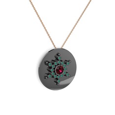 Rodolit garnet ve kök zümrüt 925 ayar siyah rodyum kaplama gümüş kolye (40 cm rose altın rolo zincir)