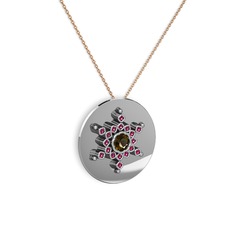 Dumanlı kuvars ve rodolit garnet 14 ayar beyaz altın kolye (40 cm rose altın rolo zincir)