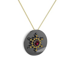 Rodolit garnet ve sitrin 925 ayar siyah rodyum kaplama gümüş kolye (40 cm altın rolo zincir)