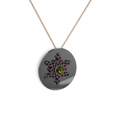 Neu Kar Tanesi Kolye - Peridot ve garnet 925 ayar siyah rodyum kaplama gümüş kolye (40 cm rose altın rolo zincir) #19pmlaq