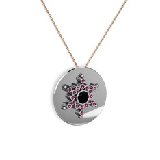 Siyah zirkon ve rodolit garnet 8 ayar beyaz altın kolye (40 cm rose altın rolo zincir)