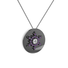 Neu Kar Tanesi Kolye - Swarovski ve ametist 925 ayar siyah rodyum kaplama gümüş kolye (40 cm gümüş rolo zincir) #1gfgedw