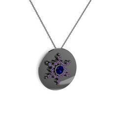 Neu Kar Tanesi Kolye - Lab safir ve ametist 925 ayar siyah rodyum kaplama gümüş kolye (40 cm gümüş rolo zincir) #1kouvwq