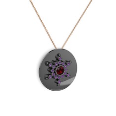 Garnet ve ametist 925 ayar siyah rodyum kaplama gümüş kolye (40 cm rose altın rolo zincir)