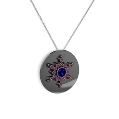 Neu Kar Tanesi Kolye - Lab safir ve rodolit garnet 925 ayar siyah rodyum kaplama gümüş kolye (40 cm beyaz altın rolo zincir) #1p19g1o