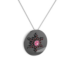 Neu Kar Tanesi Kolye - Pembe kuvars ve garnet 925 ayar siyah rodyum kaplama gümüş kolye (40 cm beyaz altın rolo zincir) #1pv0w5w