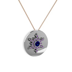 Lab safir ve ametist 14 ayar beyaz altın kolye (40 cm rose altın rolo zincir)