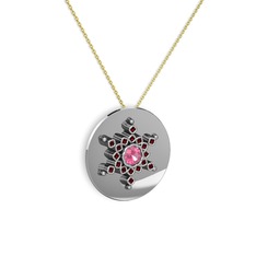 Pembe kuvars ve garnet 925 ayar gümüş kolye (40 cm altın rolo zincir)