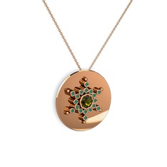 Peridot ve kök zümrüt 18 ayar rose altın kolye (40 cm rose altın rolo zincir)