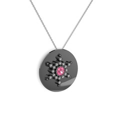 Neu Kar Tanesi Kolye - Pembe kuvars ve swarovski 925 ayar siyah rodyum kaplama gümüş kolye (40 cm beyaz altın rolo zincir) #1vpkn9a