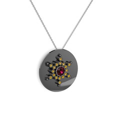Neu Kar Tanesi Kolye - Rodolit garnet ve sitrin 925 ayar siyah rodyum kaplama gümüş kolye (40 cm beyaz altın rolo zincir) #36lan0