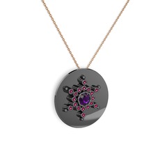 Ametist ve rodolit garnet 925 ayar siyah rodyum kaplama gümüş kolye (40 cm rose altın rolo zincir)