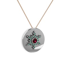 Rodolit garnet ve yeşil kuvars 14 ayar beyaz altın kolye (40 cm gümüş rolo zincir)