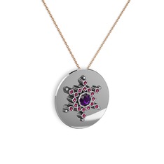 Ametist ve rodolit garnet 18 ayar beyaz altın kolye (40 cm rose altın rolo zincir)