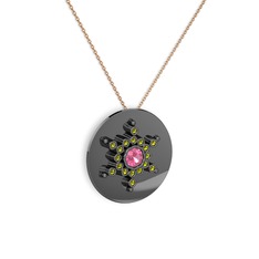 Pembe kuvars ve peridot 925 ayar siyah rodyum kaplama gümüş kolye (40 cm rose altın rolo zincir)