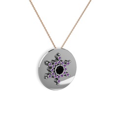 Siyah zirkon ve ametist 14 ayar beyaz altın kolye (40 cm rose altın rolo zincir)