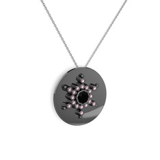 Neu Kar Tanesi Kolye - Siyah zirkon ve pembe kuvars 925 ayar siyah rodyum kaplama gümüş kolye (40 cm beyaz altın rolo zincir) #de4lu9