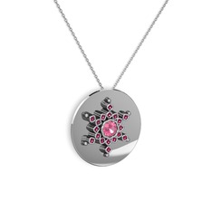 Pembe kuvars ve rodolit garnet 18 ayar beyaz altın kolye (40 cm beyaz altın rolo zincir)