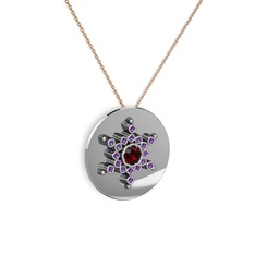 Garnet ve ametist 8 ayar beyaz altın kolye (40 cm rose altın rolo zincir)