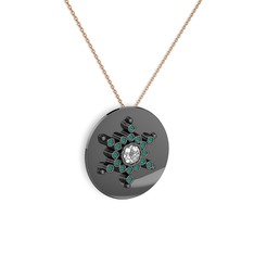 Swarovski ve kök zümrüt 925 ayar siyah rodyum kaplama gümüş kolye (40 cm rose altın rolo zincir)