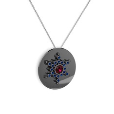 Rodolit garnet ve lab safir 925 ayar siyah rodyum kaplama gümüş kolye (40 cm beyaz altın rolo zincir)