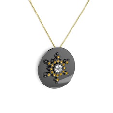 Swarovski ve sitrin 925 ayar siyah rodyum kaplama gümüş kolye (40 cm altın rolo zincir)