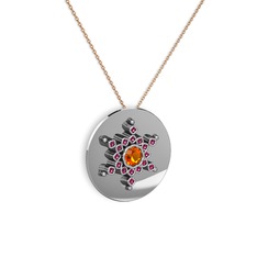 Sitrin ve rodolit garnet 8 ayar beyaz altın kolye (40 cm rose altın rolo zincir)