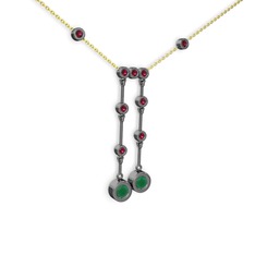 Taşlı Belly Kolye - Kök zümrüt ve rodolit garnet 925 ayar siyah rodyum kaplama gümüş kolye (40 cm gümüş rolo zincir) #1303jsq
