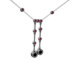 Taşlı Belly Kolye - Siyah zirkon ve rodolit garnet 925 ayar siyah rodyum kaplama gümüş kolye (40 cm beyaz altın rolo zincir) #13wrexg