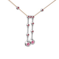Taşlı Belly Kolye - Pembe kuvars ve kök yakut 14 ayar beyaz altın kolye (40 cm rose altın rolo zincir) #142vxad