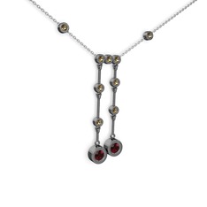 Taşlı Belly Kolye - Garnet ve dumanlı kuvars 925 ayar siyah rodyum kaplama gümüş kolye (40 cm gümüş rolo zincir) #14hoknb