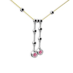 Taşlı Belly Kolye - Pembe kuvars ve siyah zirkon 8 ayar beyaz altın kolye (40 cm altın rolo zincir) #19bmmyr