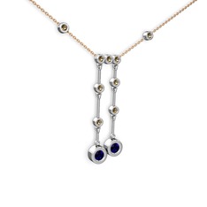 Taşlı Belly Kolye - Lab safir ve dumanlı kuvars 18 ayar beyaz altın kolye (40 cm rose altın rolo zincir) #1bhidbw