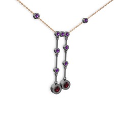 Taşlı Belly Kolye - Rodolit garnet ve ametist 925 ayar siyah rodyum kaplama gümüş kolye (40 cm rose altın rolo zincir) #1d34nxx