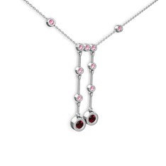 Taşlı Belly Kolye - Garnet ve pembe kuvars 8 ayar beyaz altın kolye (40 cm beyaz altın rolo zincir) #1dg58g9
