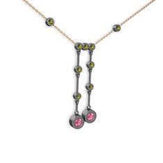 Taşlı Belly Kolye - Pembe kuvars ve peridot 925 ayar siyah rodyum kaplama gümüş kolye (40 cm rose altın rolo zincir) #1dzsm5w