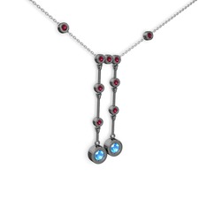 Taşlı Belly Kolye - Akuamarin ve rodolit garnet 925 ayar siyah rodyum kaplama gümüş kolye (40 cm beyaz altın rolo zincir) #1eafx28