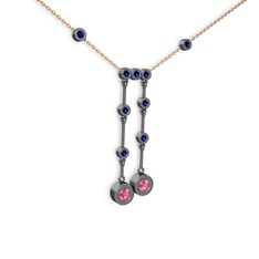 Taşlı Belly Kolye - Pembe kuvars ve lab safir 925 ayar siyah rodyum kaplama gümüş kolye (40 cm rose altın rolo zincir) #1g7nj0i